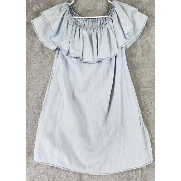 Sneak Peak Dress Womens Small Light Blue Chambray Off the Shoulder Casual Mini - Picture 2 of 11